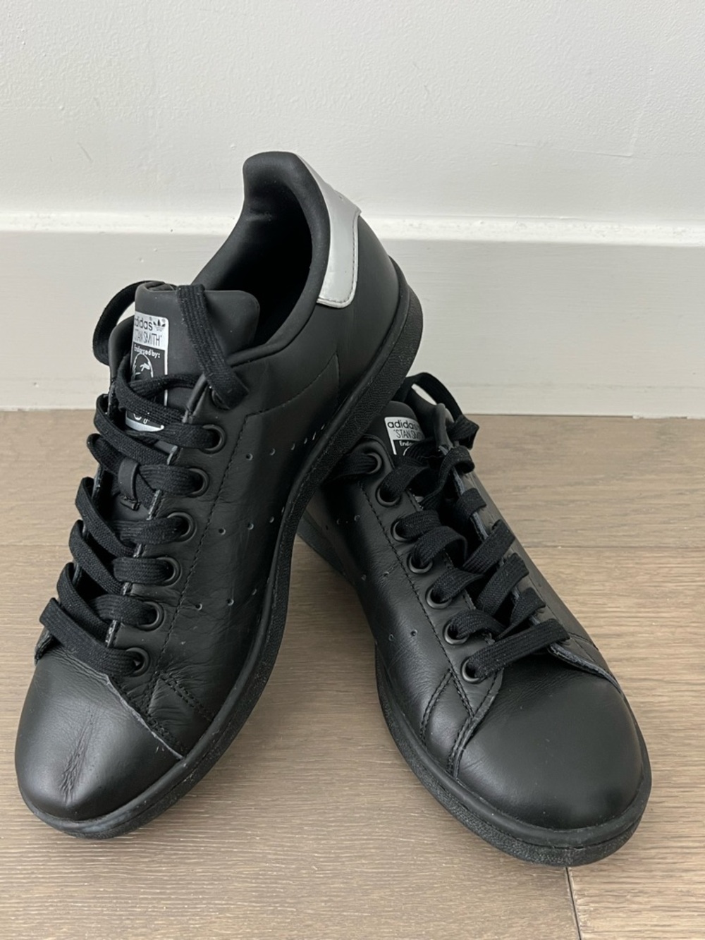 Adidas Stan Smith Black Leather Sneakers with Silver Heel Tab